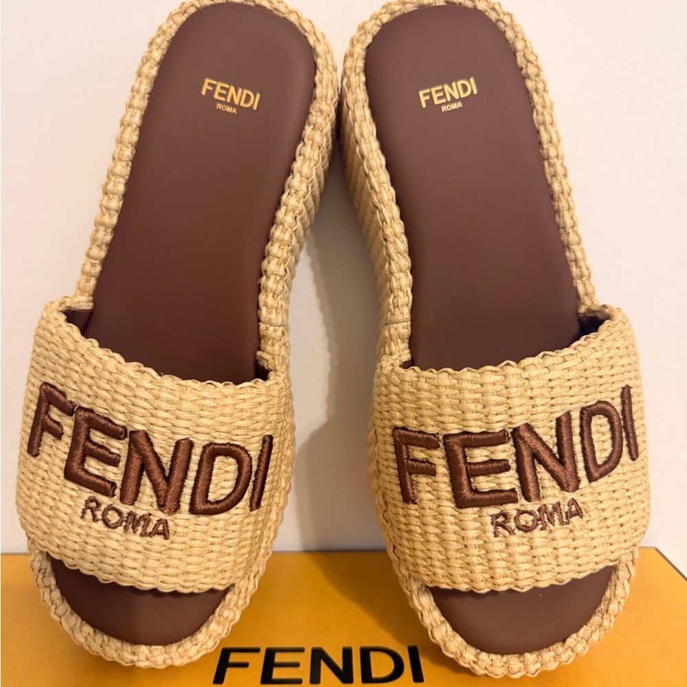 NWB FENDI Raffia FF Sunshine Platform Slide Sandals - Picture 13 of 14